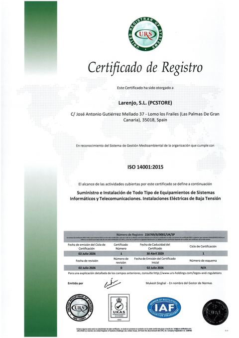 Certificado ISO 14001:2015 de Larenjo SL (Pcstore)