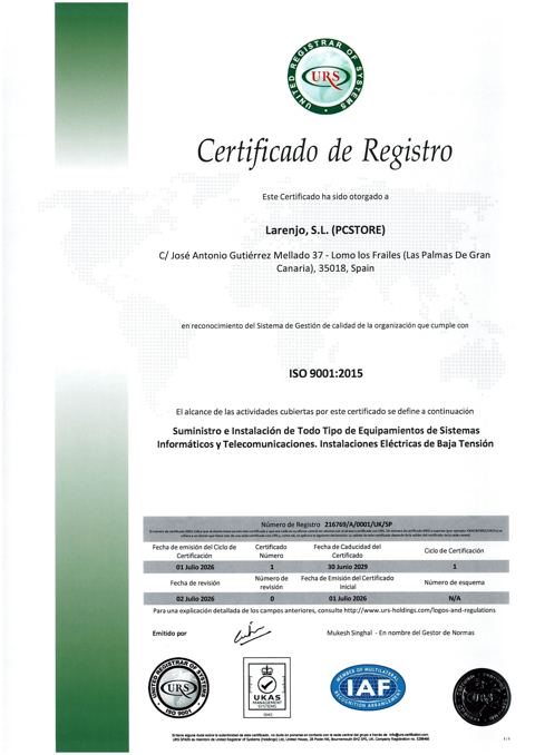Certificado ISO 9001:2015 de Larenjo SL (Pcstore)
